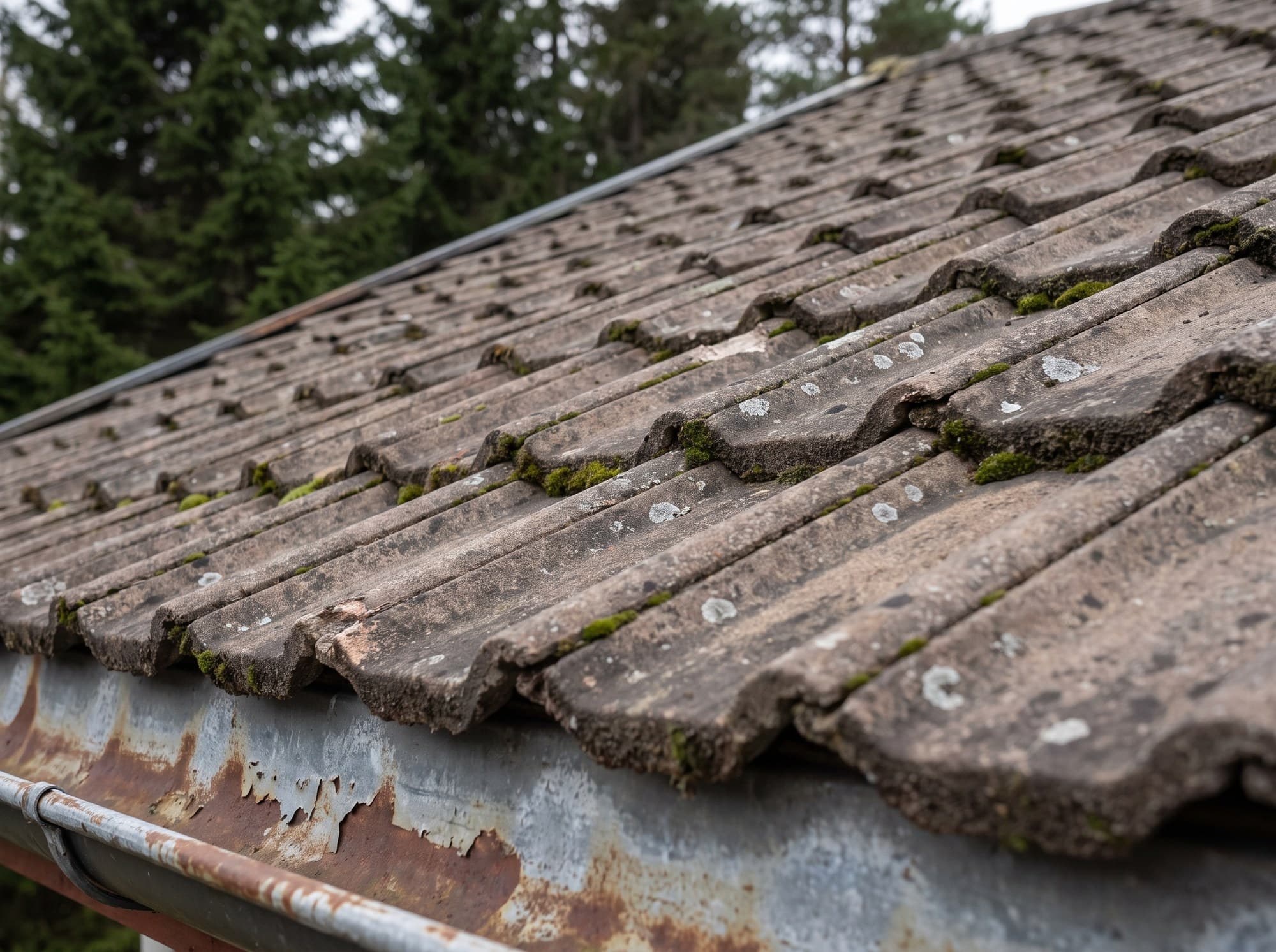 Gammelt betongtakstein-tak med mose i skjøtene og rustne takrenner.
